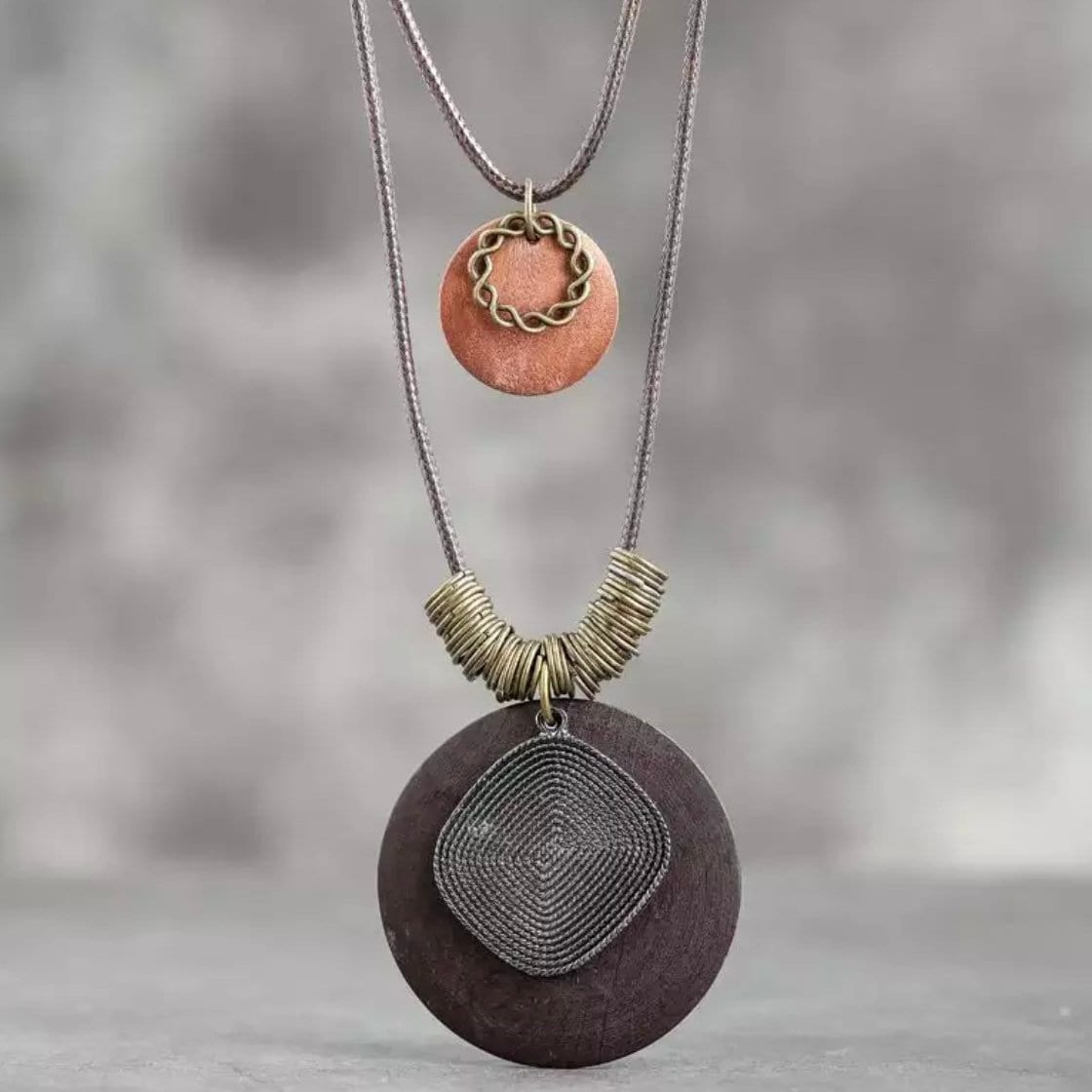 Long Handmade Large Circular Pendant on a Brown Rope Necklace