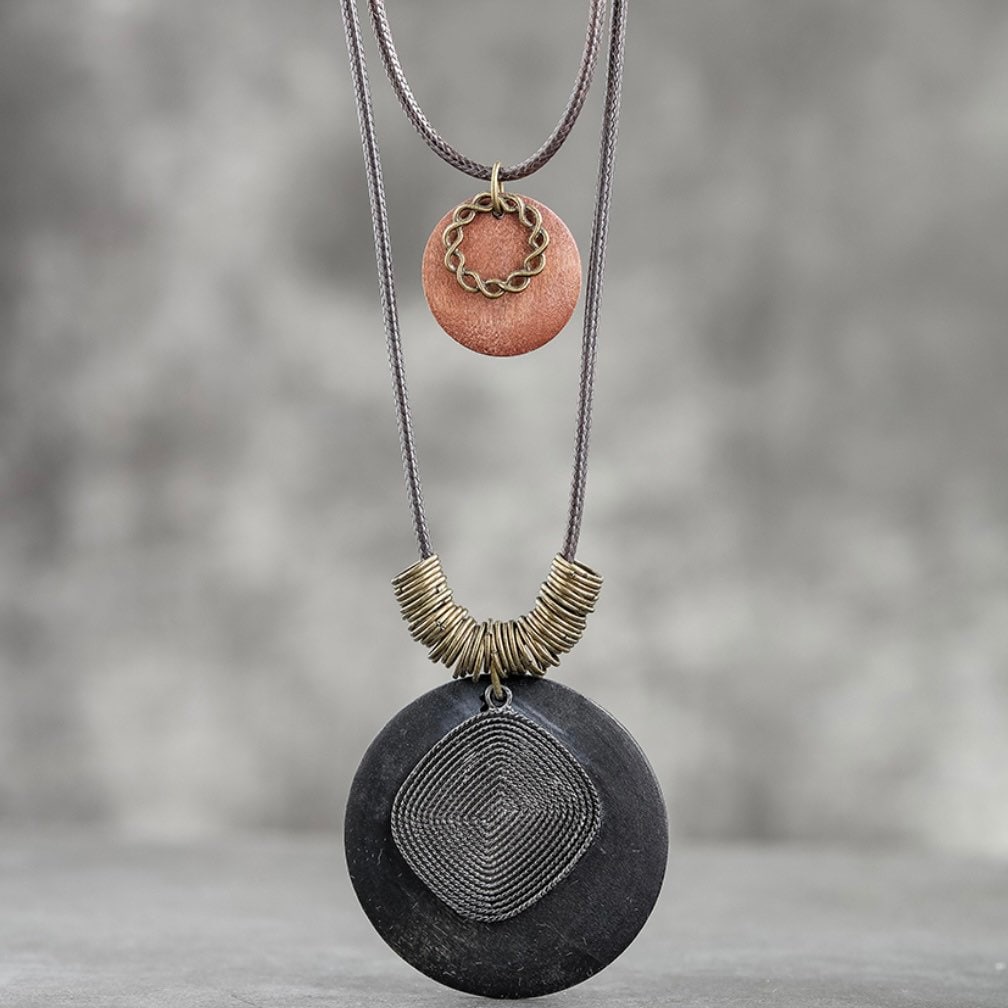 Long Handmade Large Circular Pendant on a Brown Rope Necklace