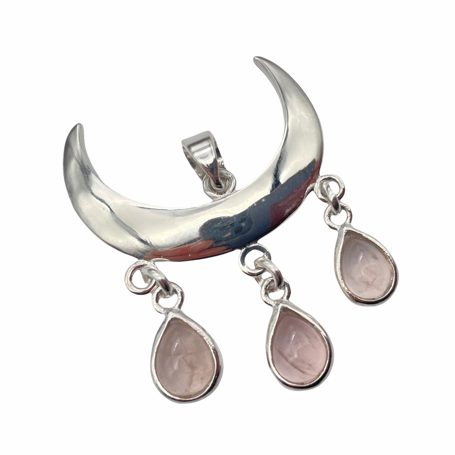 925 Sterling Silver Wiccan Moon Pendant with Rose Teardrop Quartz