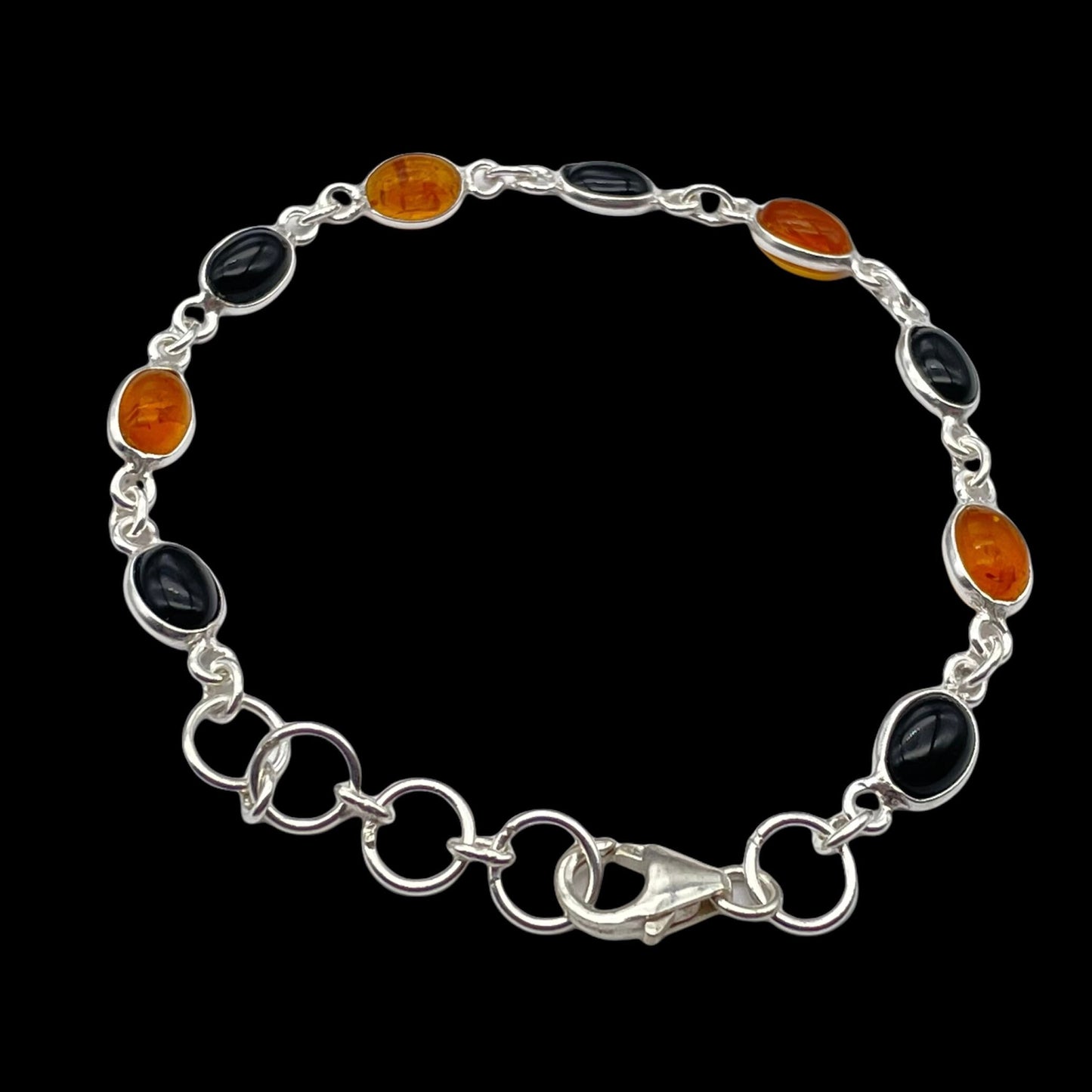 Beautiful 925 Sterling Silver Oval Black Onyx and Amber Bracelet set with 9 Oval Gemstone Cabochons