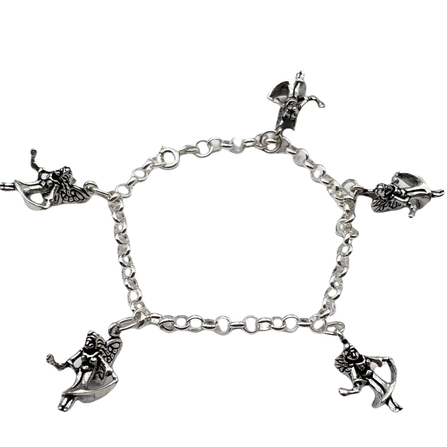 Stunning 925 Sterling Silver Charm Bracelet with 5 Beautiful 925 Sterling Silver Fairy Charms