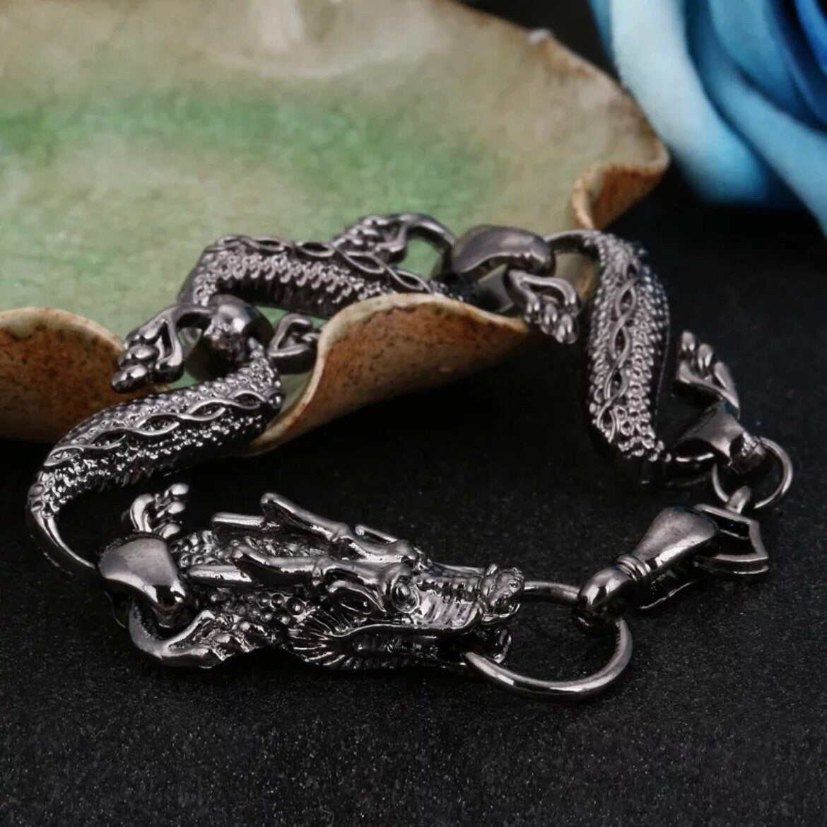 Fire Dragon Beads Bracelet Cuff Bangle Available in Black or Bronze Colours