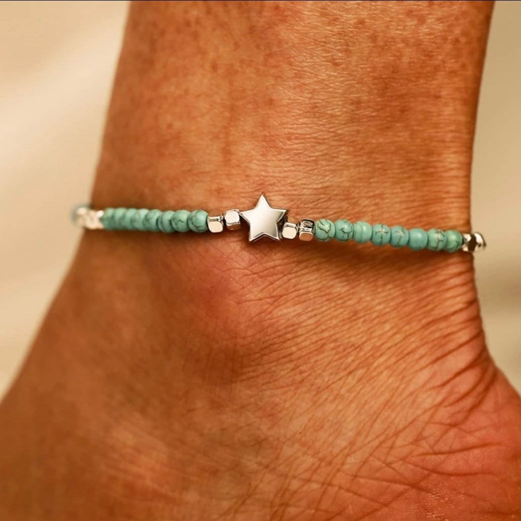 Turquoise Bead Ankle Bracelet with Star Charms Anklet