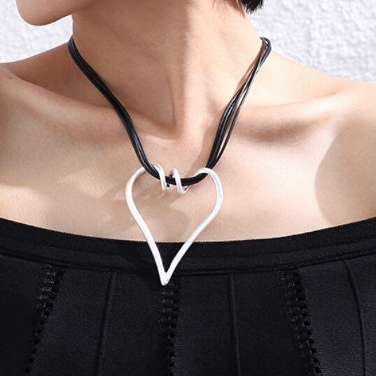 Large Silver Heart Pendant Layered Black Rope Choker Necklace