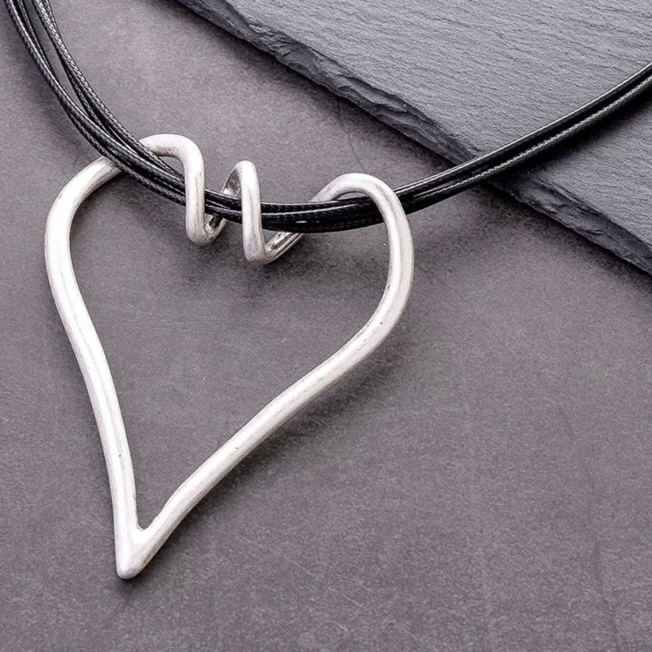 Large Silver Heart Pendant Layered Black Rope Choker Necklace