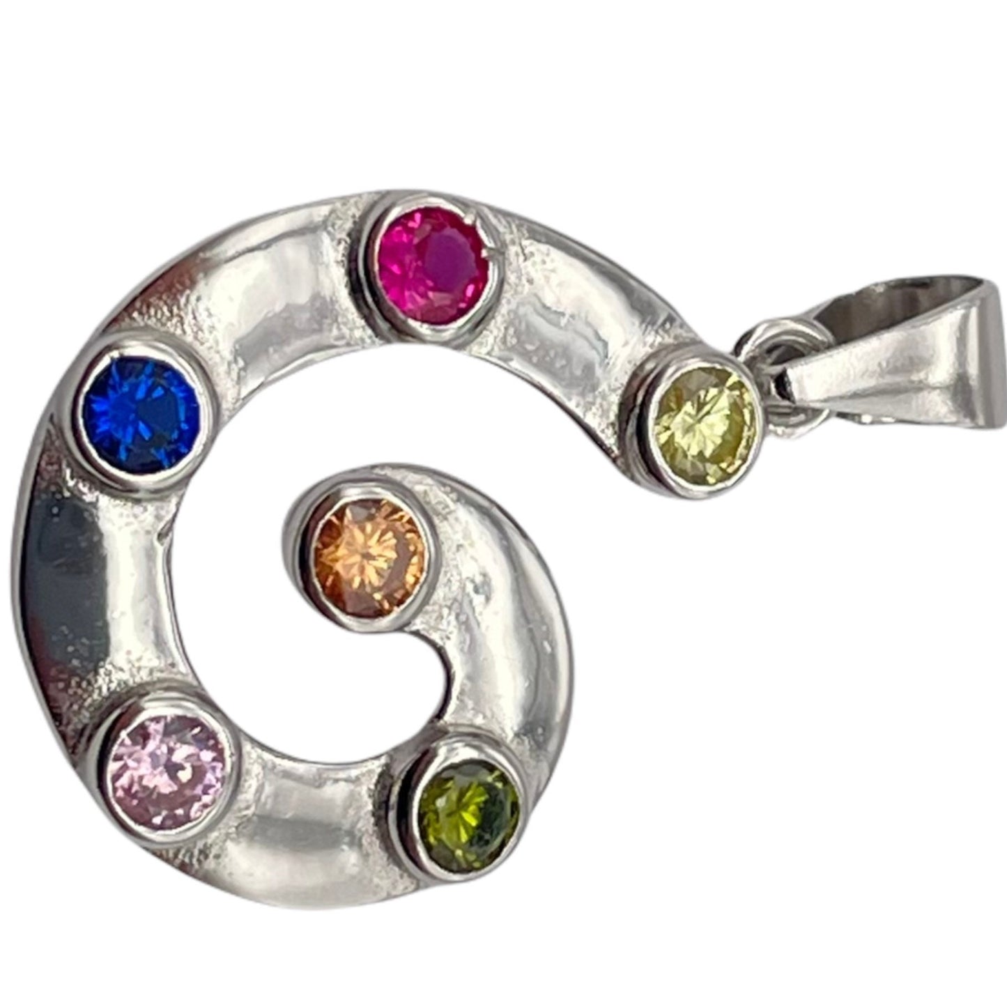 Sterling Silver Swirl Design Pendant Necklace with Jonquil, Fucshia, Sapphire, Rose, olivine & Topaz Cubic Zirconia Stone