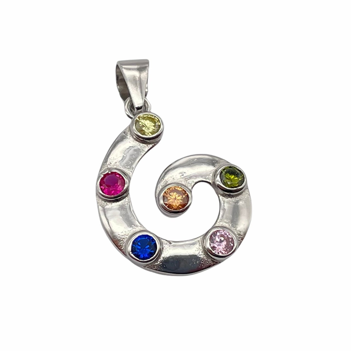 Sterling Silver Swirl Design Pendant Necklace with Jonquil, Fucshia, Sapphire, Rose, olivine & Topaz Cubic Zirconia Stone