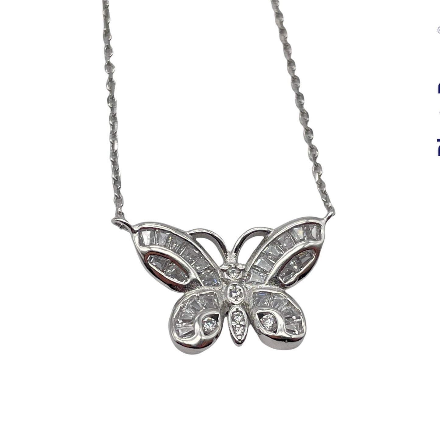 Sterling Silver Rhodium Plated Butterfly Design Necklace with Clear Cubic Zirconia Stones