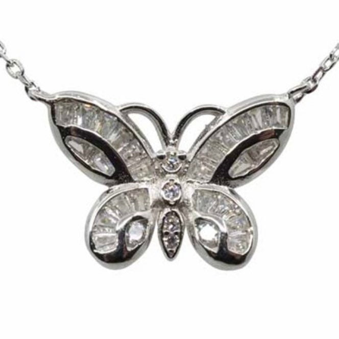 Sterling Silver Rhodium Plated Butterfly Design Necklace with Clear Cubic Zirconia Stones