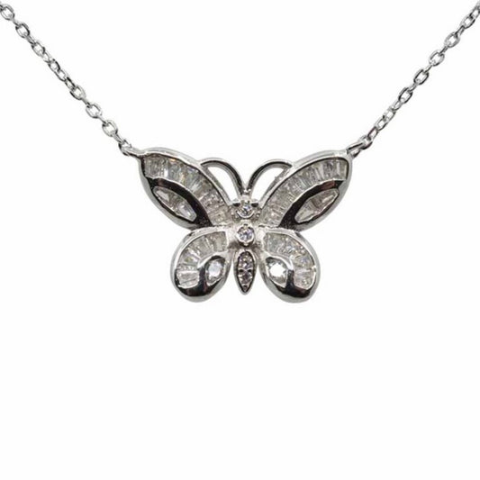 Sterling Silver Rhodium Plated Butterfly Design Necklace with Clear Cubic Zirconia Stones