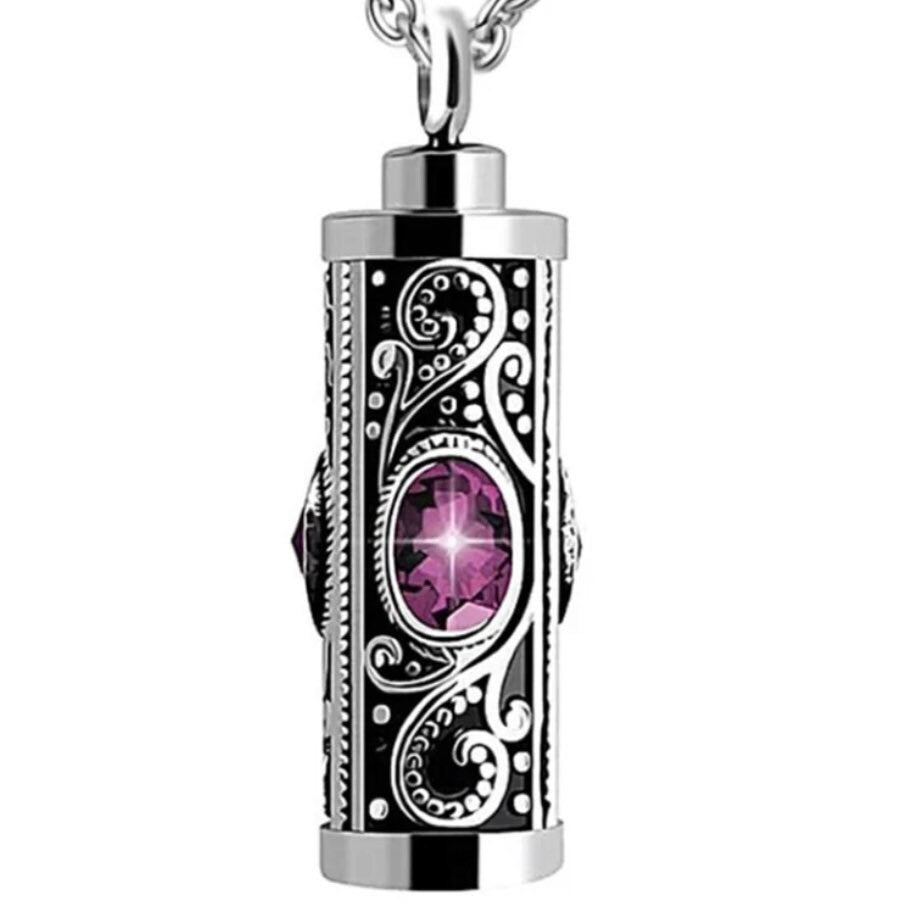 Crystal Stainless Steel Cylinder Cremation Urn Ashes Pendant Necklace Available in Red, Purple, White or Blue Crystal