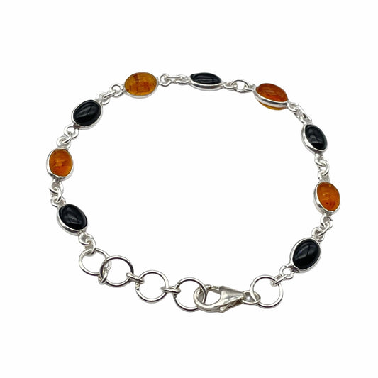 Beautiful 925 Sterling Silver Oval Black Onyx and Amber Bracelet set with 9 Oval Gemstone Cabochons