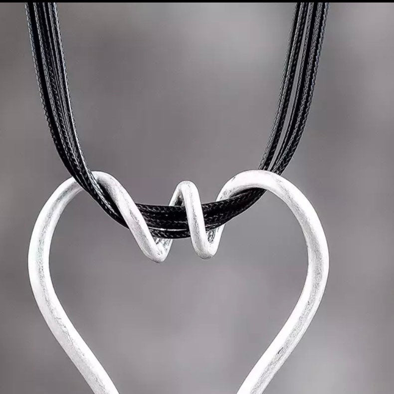 Large Silver Heart Pendant Layered Black Rope Choker Necklace