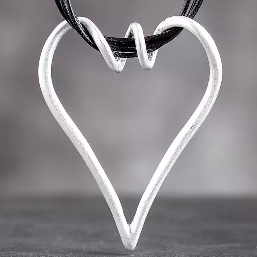 Large Silver Heart Pendant Layered Black Rope Choker Necklace