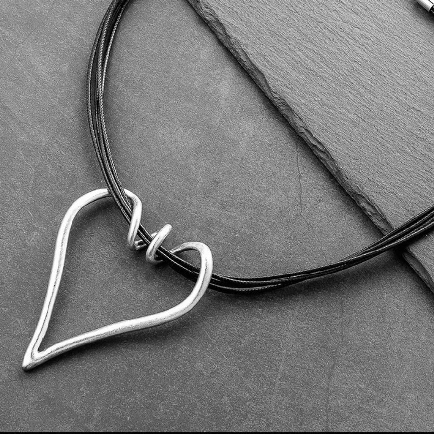 Large Silver Heart Pendant Layered Black Rope Choker Necklace