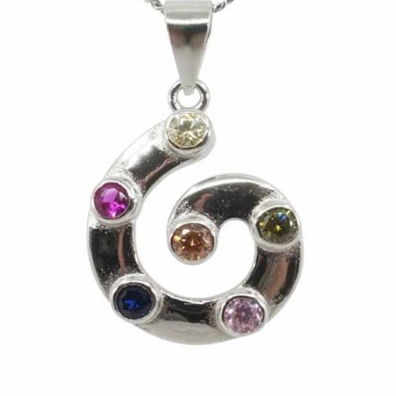 Sterling Silver Swirl Design Pendant Necklace with Jonquil, Fucshia, Sapphire, Rose, olivine & Topaz Cubic Zirconia Stone