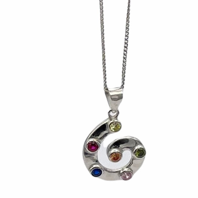 Sterling Silver Swirl Design Pendant Necklace with Jonquil, Fucshia, Sapphire, Rose, olivine & Topaz Cubic Zirconia Stone