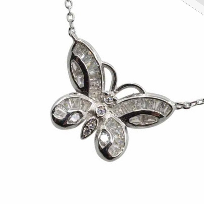 Sterling Silver Rhodium Plated Butterfly Design Necklace with Clear Cubic Zirconia Stones