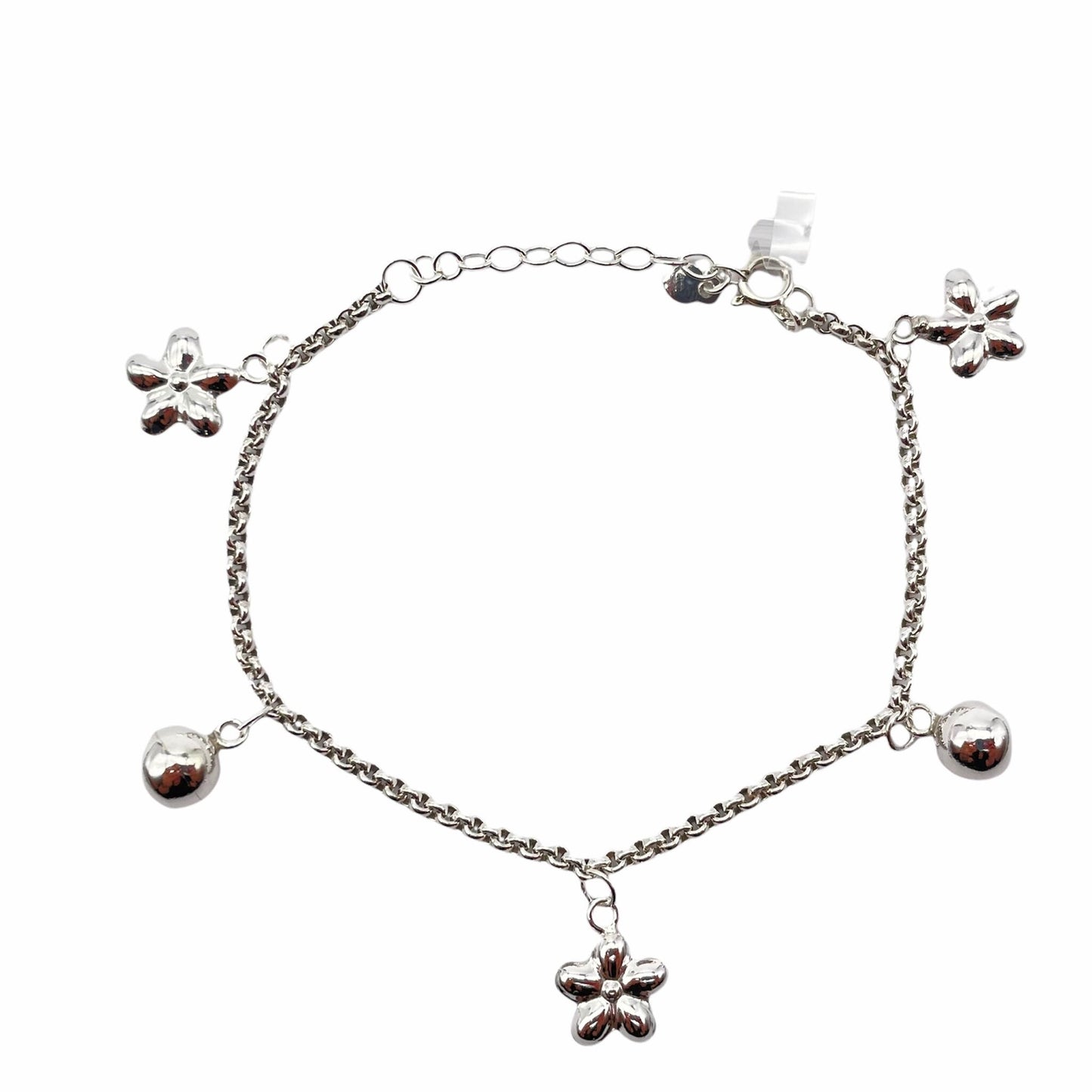 Sterling Silver Bracelet with Flower and Ball Charms