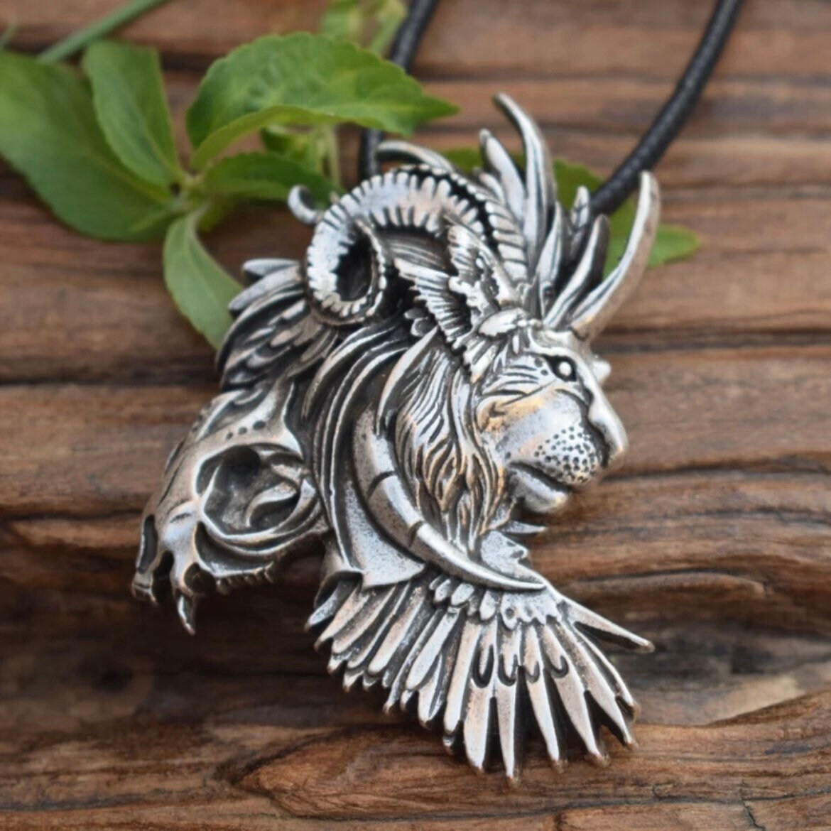 Large Wild Animal Lion Head Pendant on Black Rope Necklace