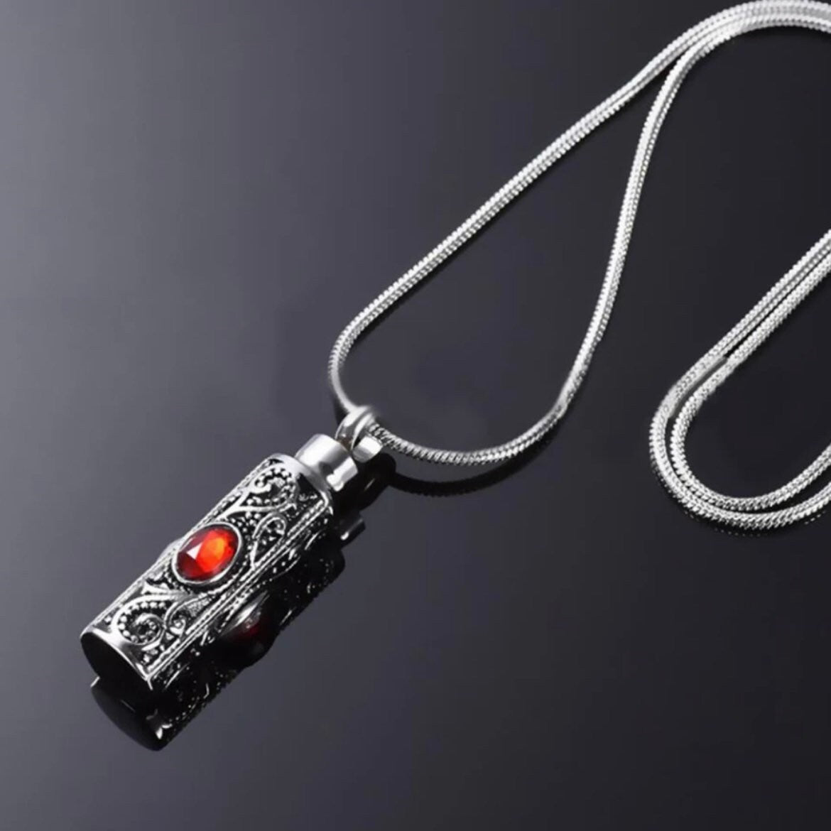 Crystal Stainless Steel Cylinder Cremation Urn Ashes Pendant Necklace Available in Red, Purple, White or Blue Crystal