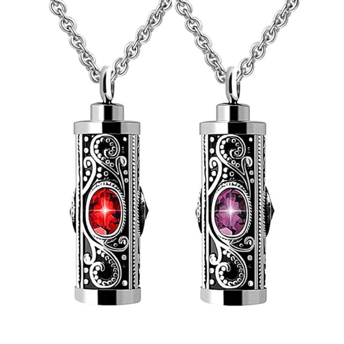 Crystal Stainless Steel Cylinder Cremation Urn Ashes Pendant Necklace Available in Red, Purple, White or Blue Crystal