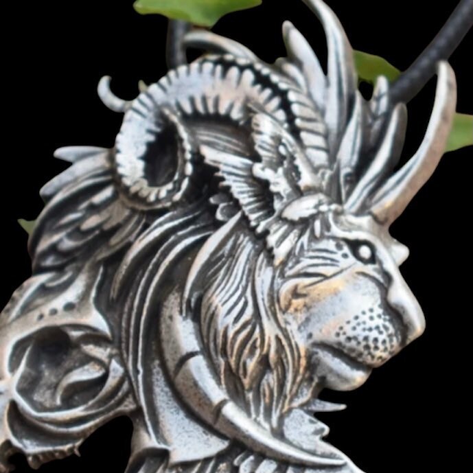 Large Wild Animal Lion Head Pendant on Black Rope Necklace