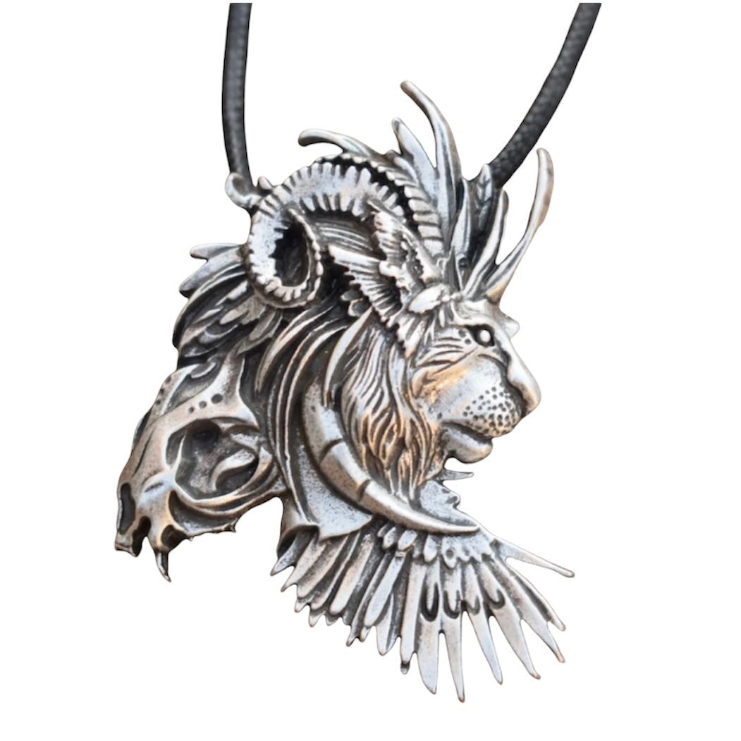 Large Wild Animal Lion Head Pendant on Black Rope Necklace