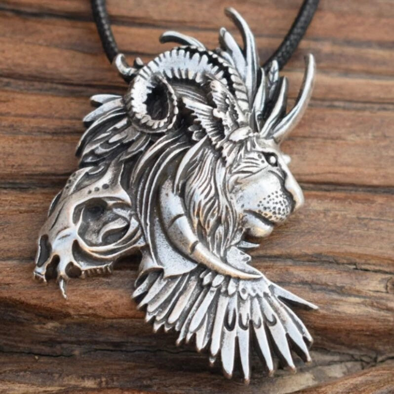 Large Wild Animal Lion Head Pendant on Black Rope Necklace