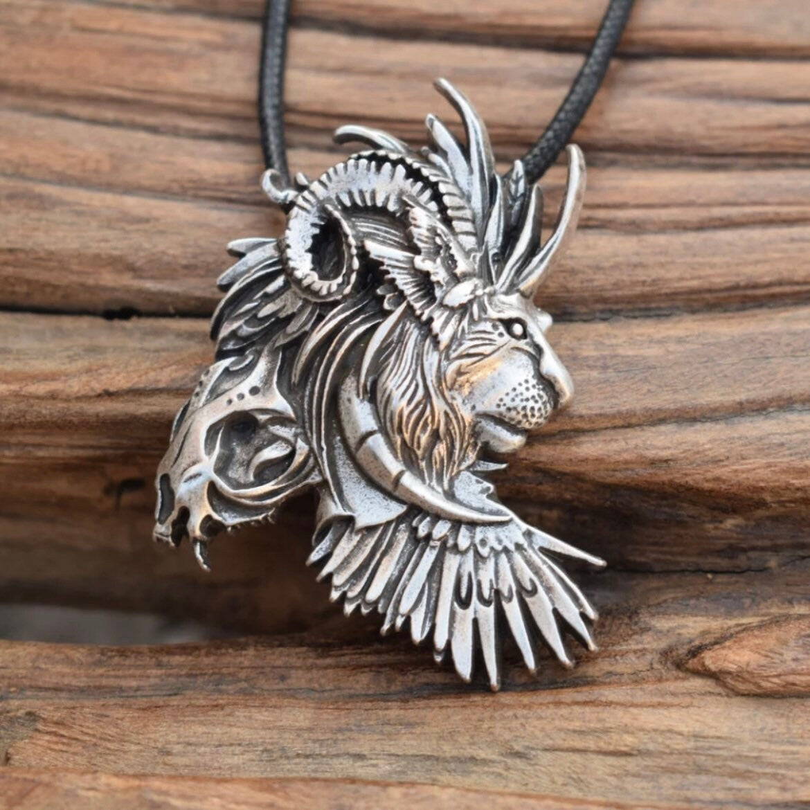 Large Wild Animal Lion Head Pendant on Black Rope Necklace