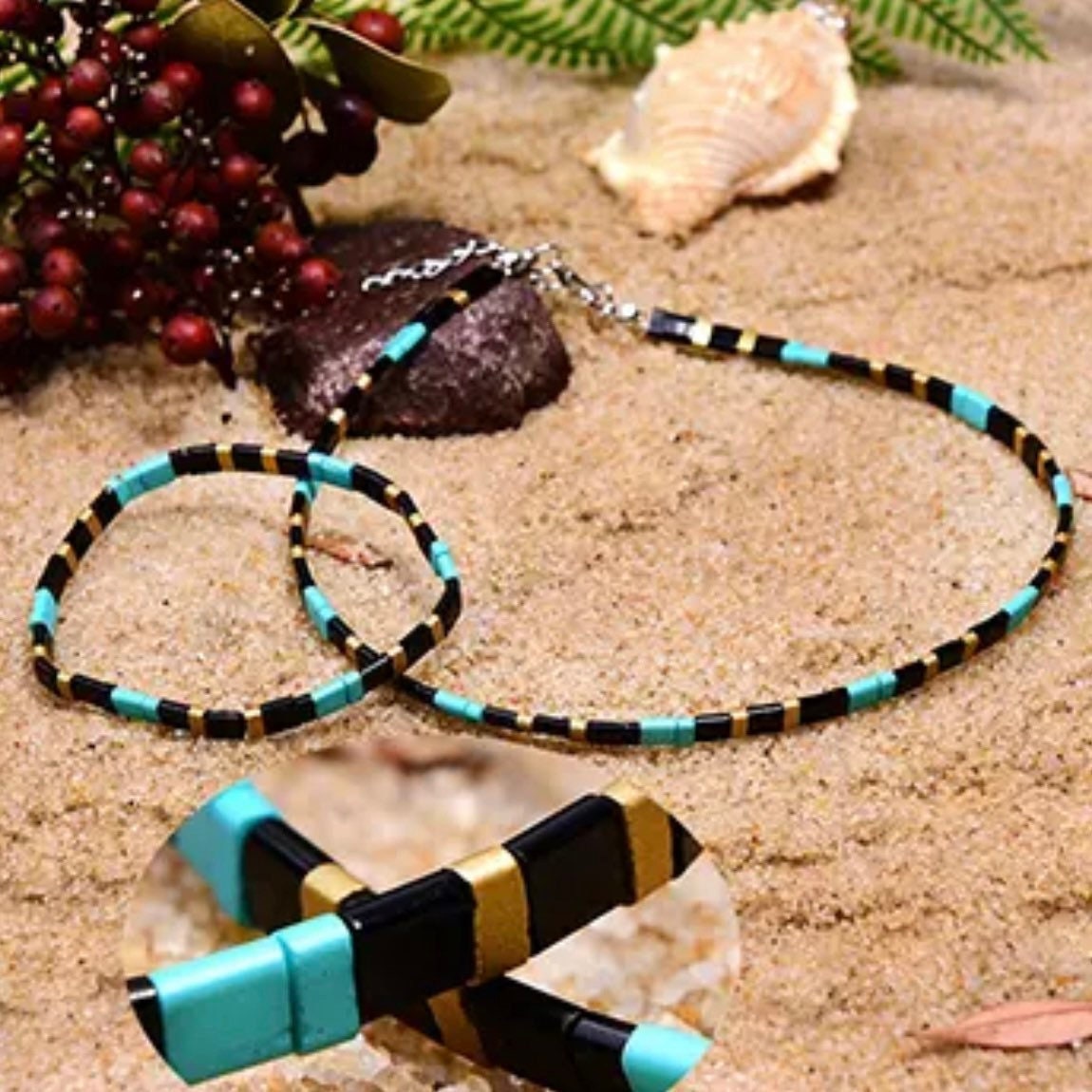 Miyuki Glass Tila Beads Boho Bracelet and Choker Necklace Jewellery Set Available in 4 Colours