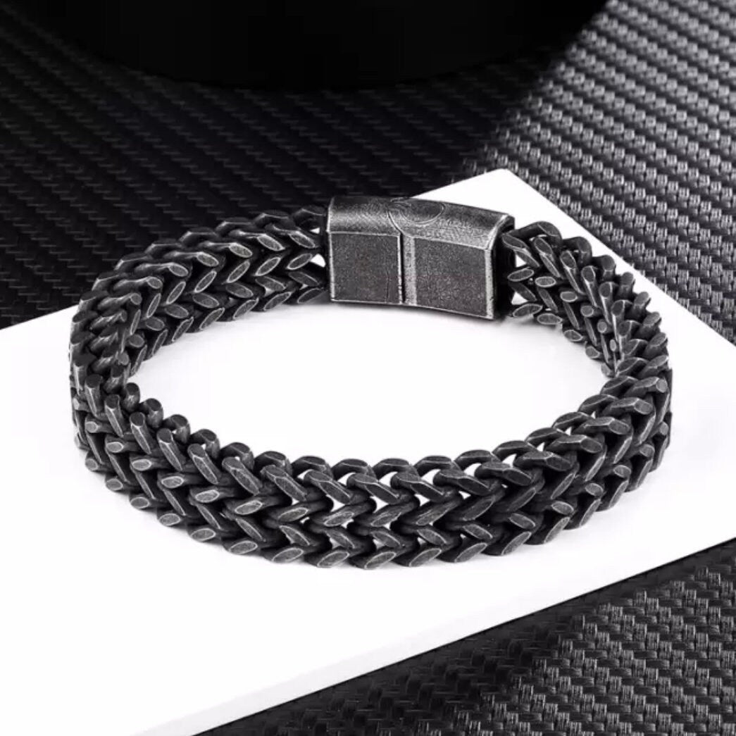 12mm Wide Black Stainless Steel Link Chain Bracelet Bangle