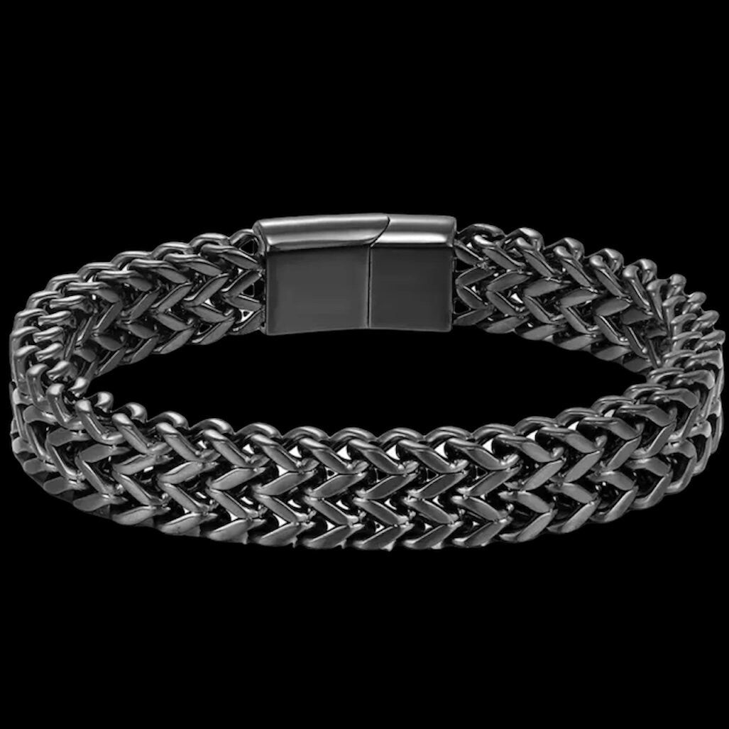 12mm Wide Black Stainless Steel Link Chain Bracelet Bangle