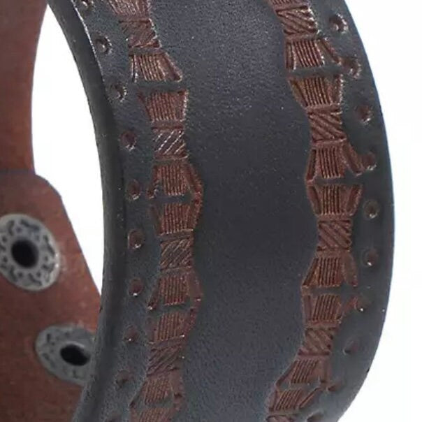 Brown Leather Wide Wrap Patterned Cuff Bracelet Bangle