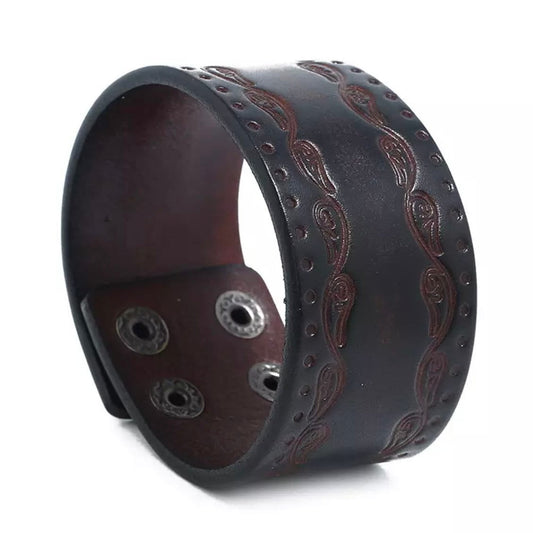 Brown Leather Wide Wrap Patterned Cuff Bracelet Bangle