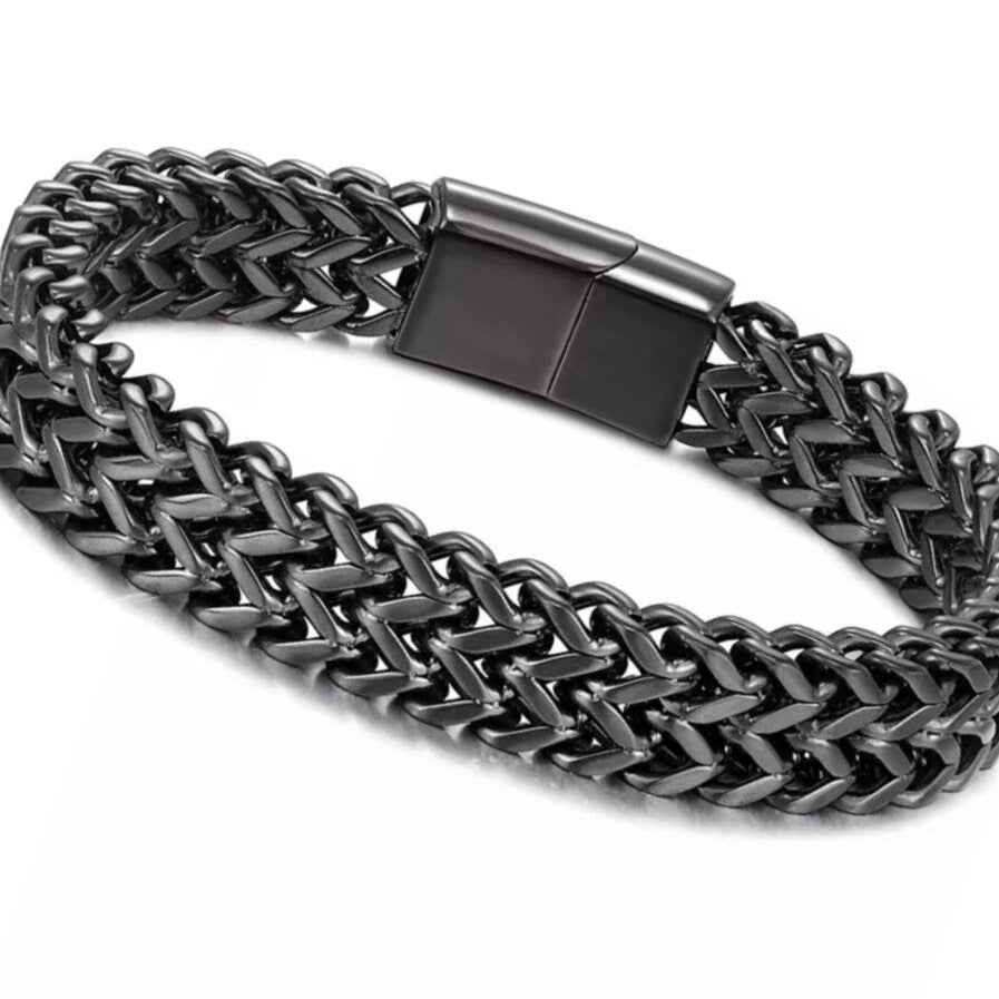 12mm Wide Black Stainless Steel Link Chain Bracelet Bangle