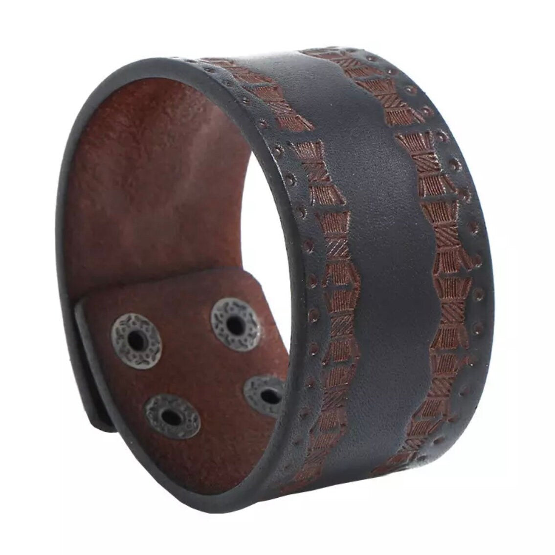 Brown Leather Wide Wrap Patterned Cuff Bracelet Bangle