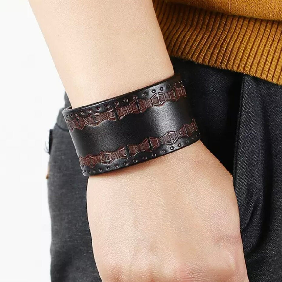 Brown Leather Wide Wrap Patterned Cuff Bracelet Bangle