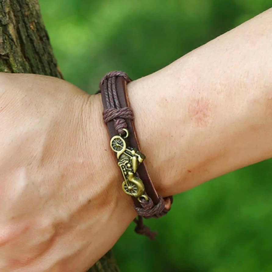 Leather Alloy Motorcycle Charm Bracelet