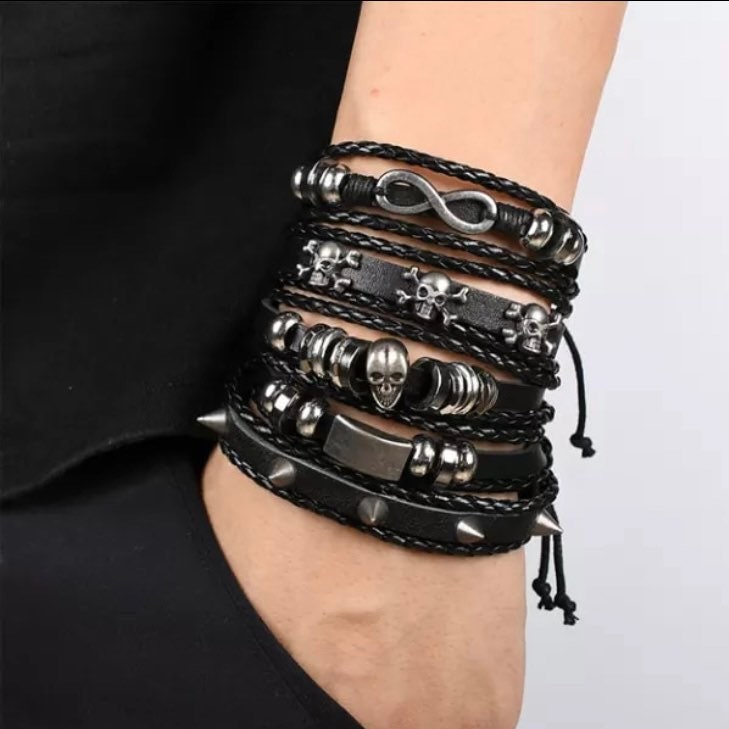 Vintage Black Leather Multilayer Bracelet with Skull Infinity Spike Charm Wristband Cuff