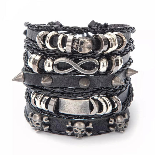 Vintage Black Leather Multilayer Bracelet with Skull Infinity Spike Charm Wristband Cuff