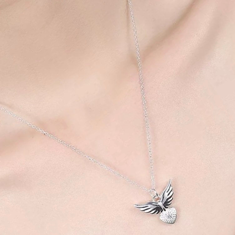 Zirconia Angel Wings Heart Pendant Necklace