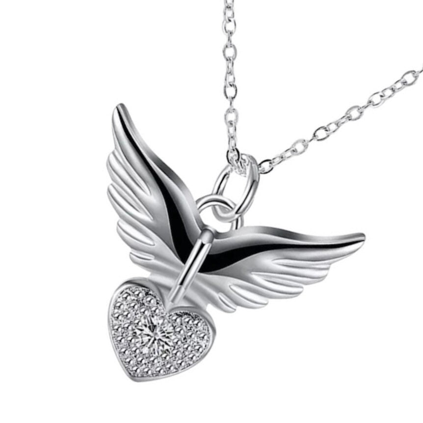 Zirconia Angel Wings Heart Pendant Necklace