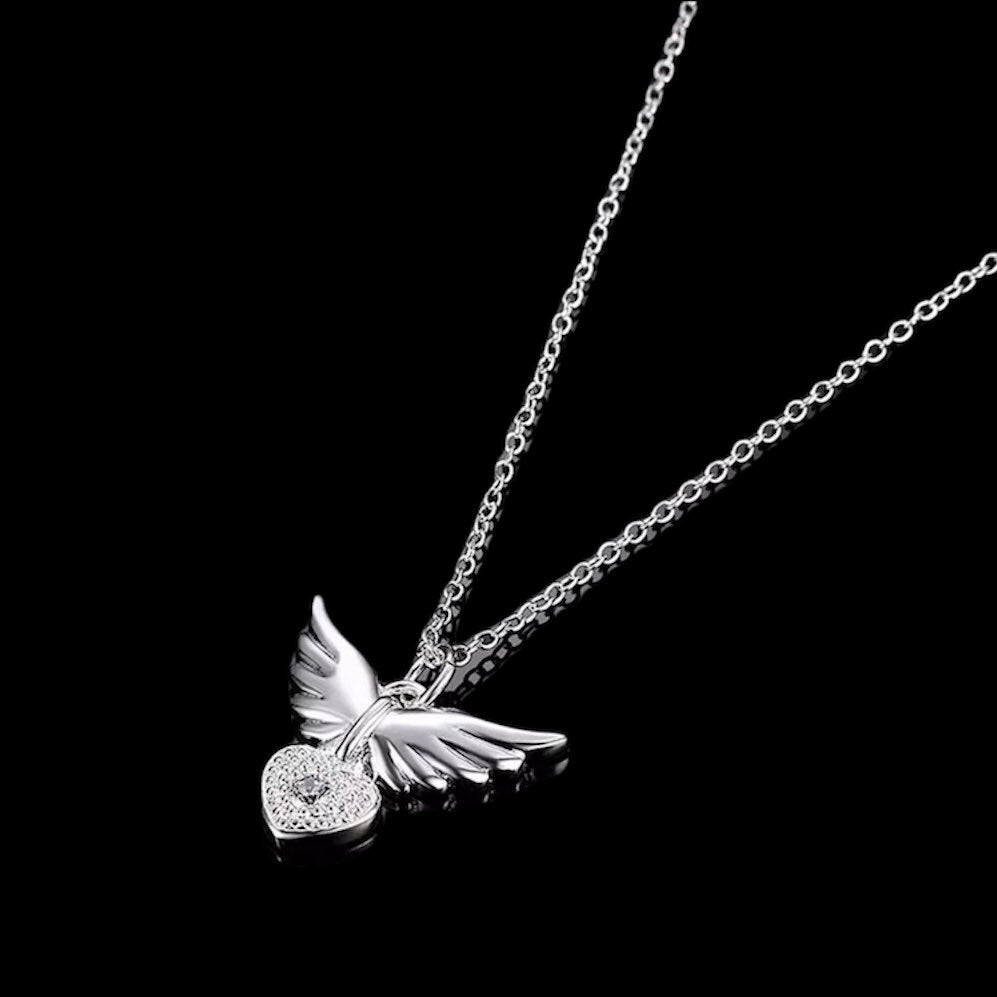 Zirconia Angel Wings Heart Pendant Necklace