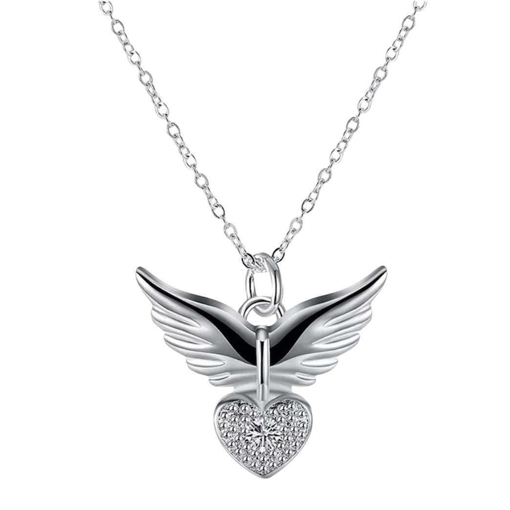 Zirconia Angel Wings Heart Pendant Necklace