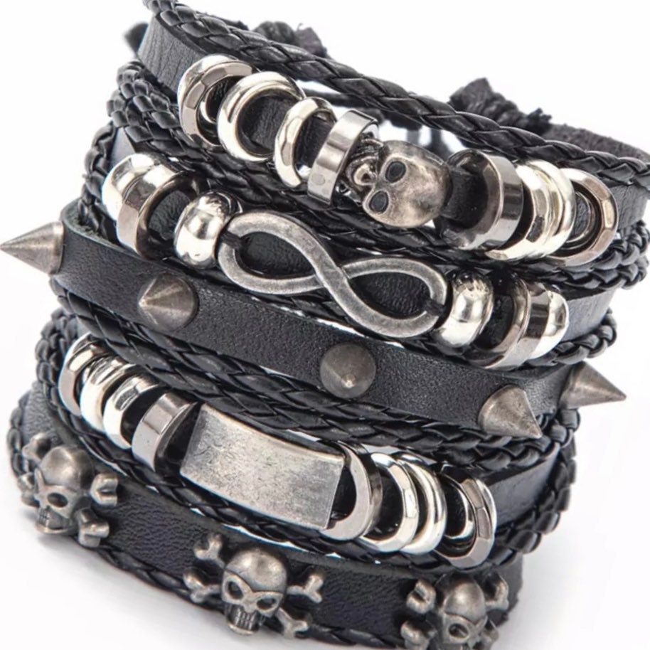 Vintage Black Leather Multilayer Bracelet with Skull Infinity Spike Charm Wristband Cuff