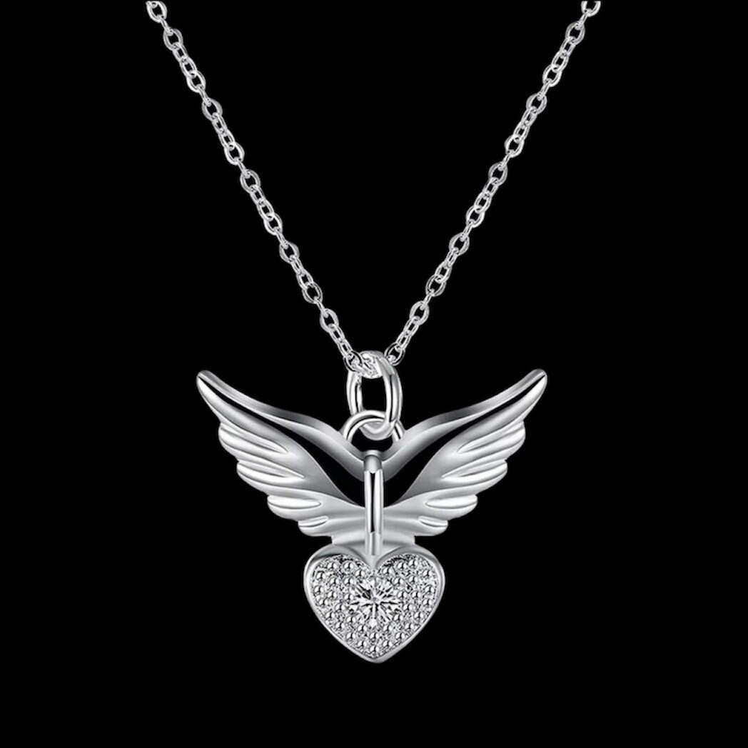 Zirconia Angel Wings Heart Pendant Necklace