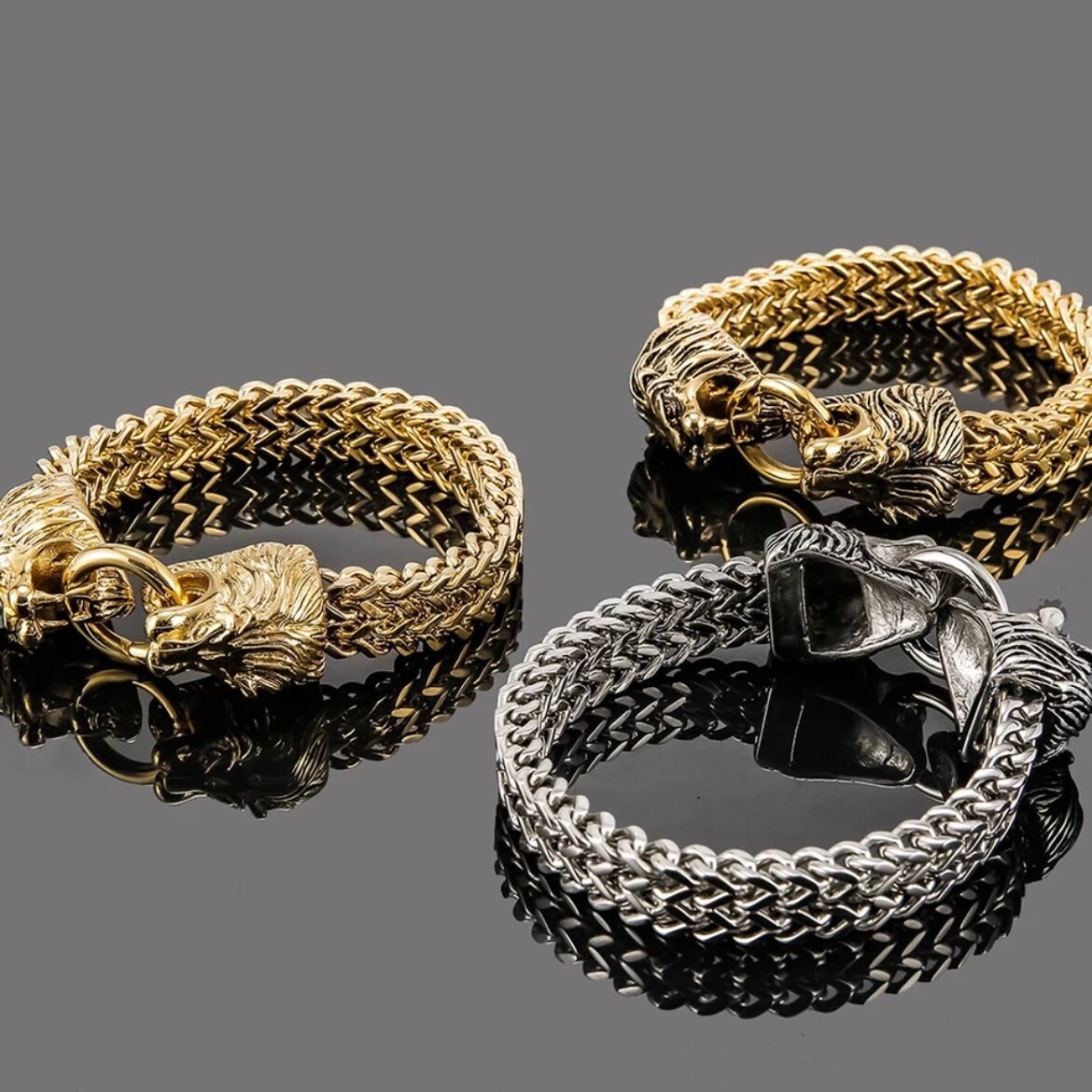 Stunning Stainless Steel Gothic King Lion Head Fargo Chain Bracelet Available in 3 Colours