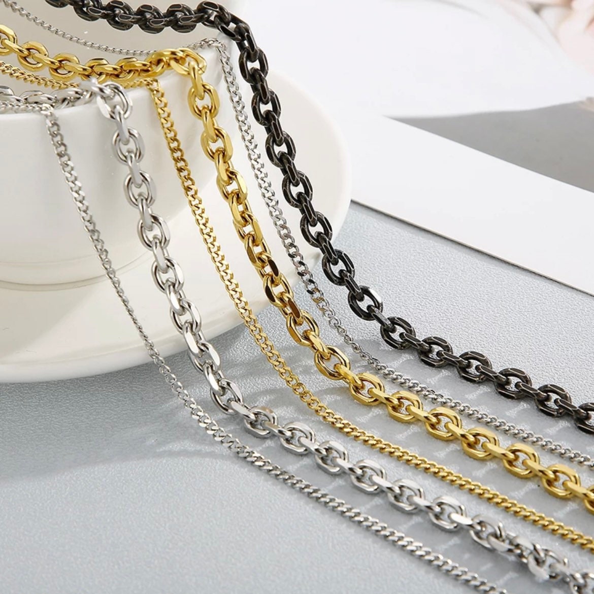 Stainless Steel Double Layer Cuban Link Chain Choker Necklace Available in Gold Silver and Black/Silver Colours