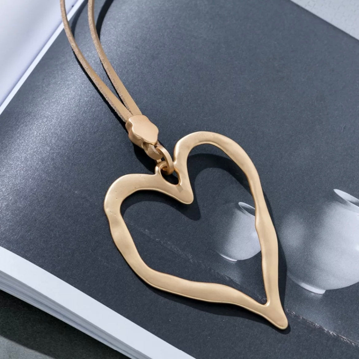 Love Heart Pendant on a Gold or Black Rope Chain Long Necklace Available with Gold or Silver Coloured Heart